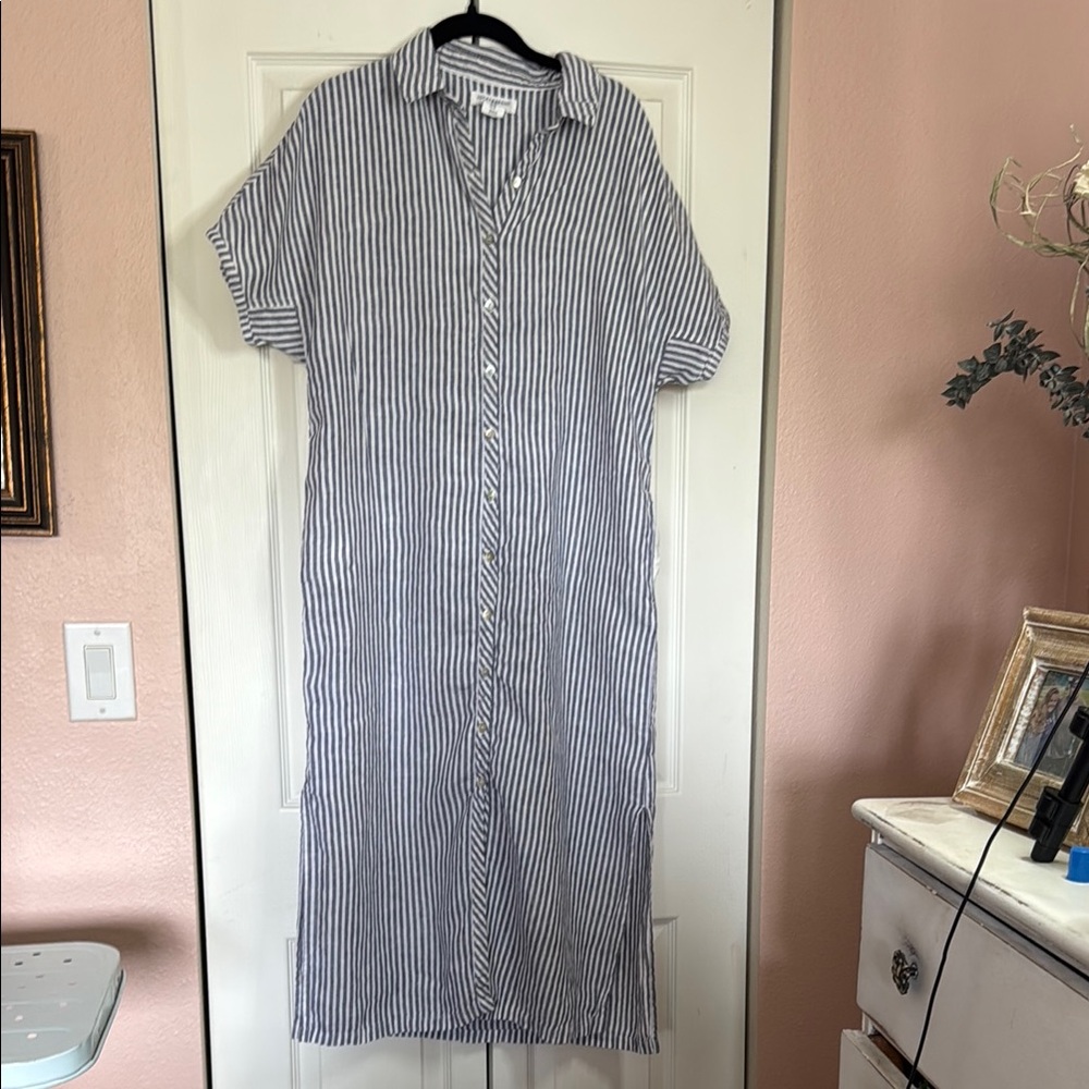 Lucky Brand White and Blue Striped Maxi Shirt Dress